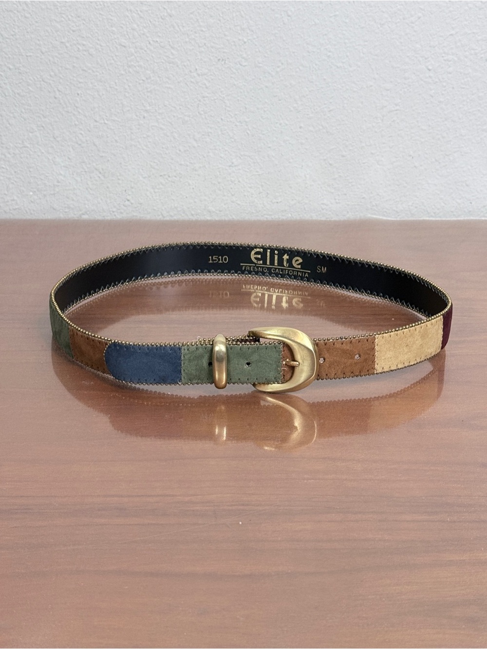 Vintage Elite 80s Multicolor Suede Belt Brass Buckle & Beaded Trim USA S